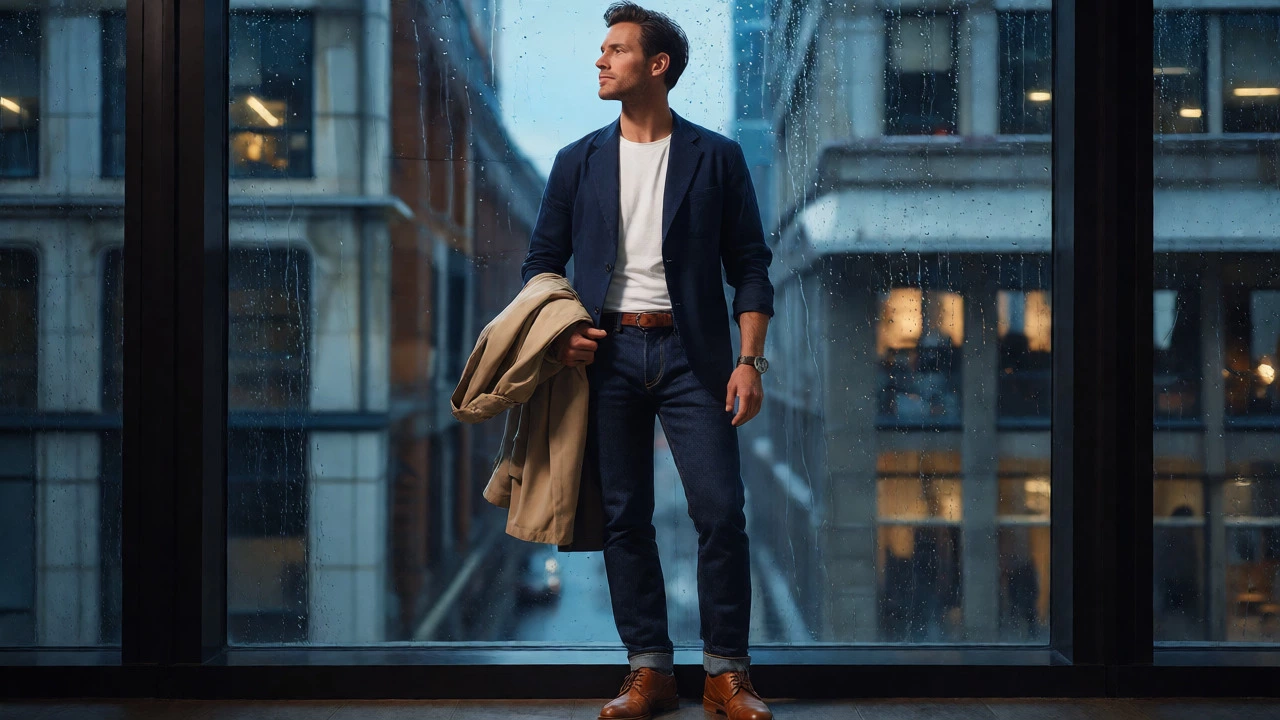 Man in a well-fitted navy blazer and jeans holding a trench coat by a rainy window.