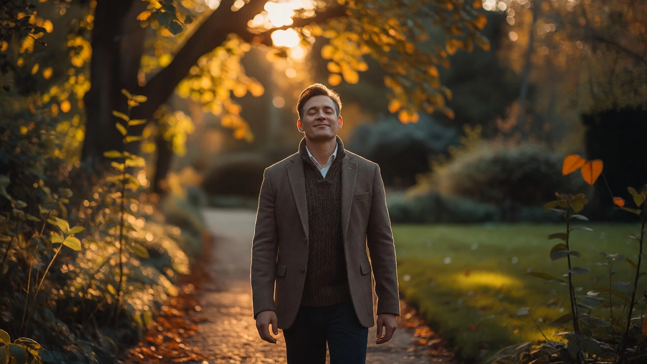Man practicing mindfulness during an autumn evening walk