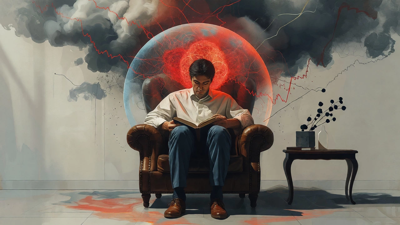 Man reading in a study surrounded by abstract calming aura