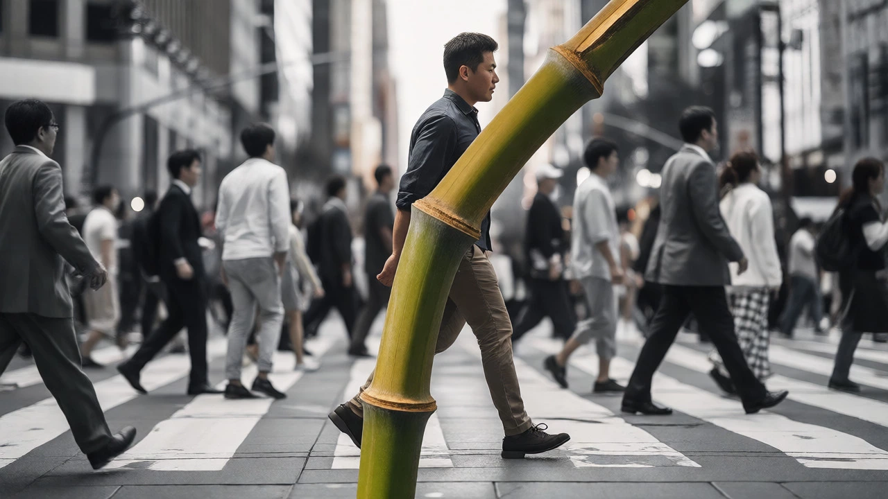 Man walking calmly in city overlaid with flexible bamboo imagery.