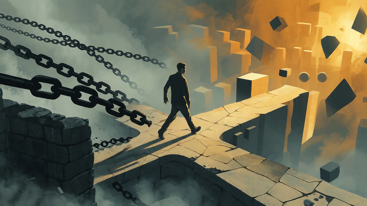Man walking from dark chaos toward a bright, structured path of solutions.