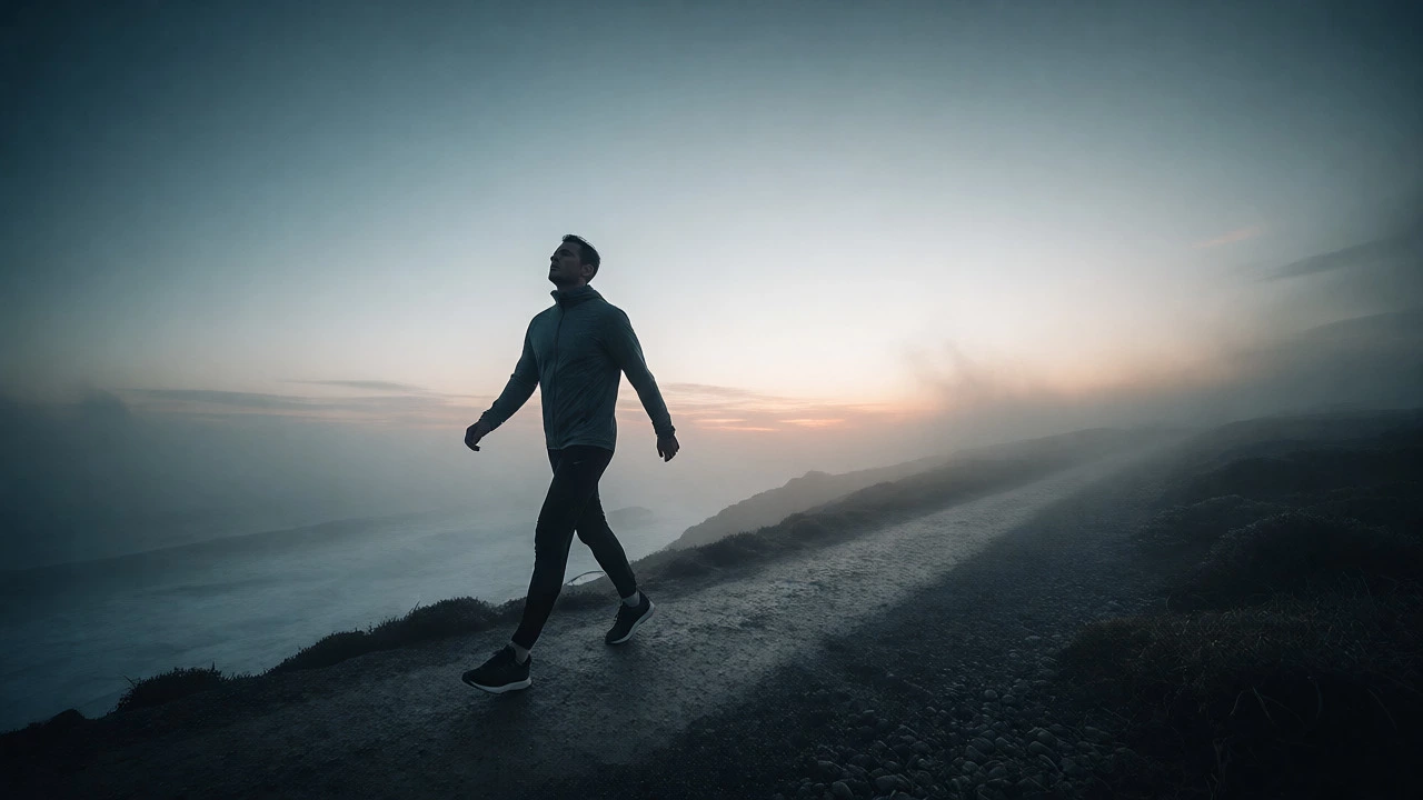 Man walking mindfully on a misty coastal path at dawn