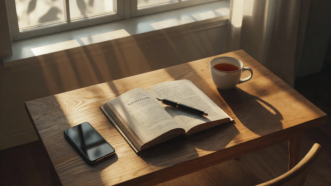 Minimalist desk with book and phone face-down in morning sunlight.