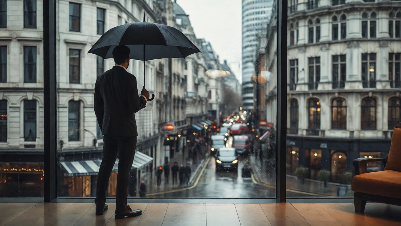 Professional man with umbrella viewing rainy city from warm office