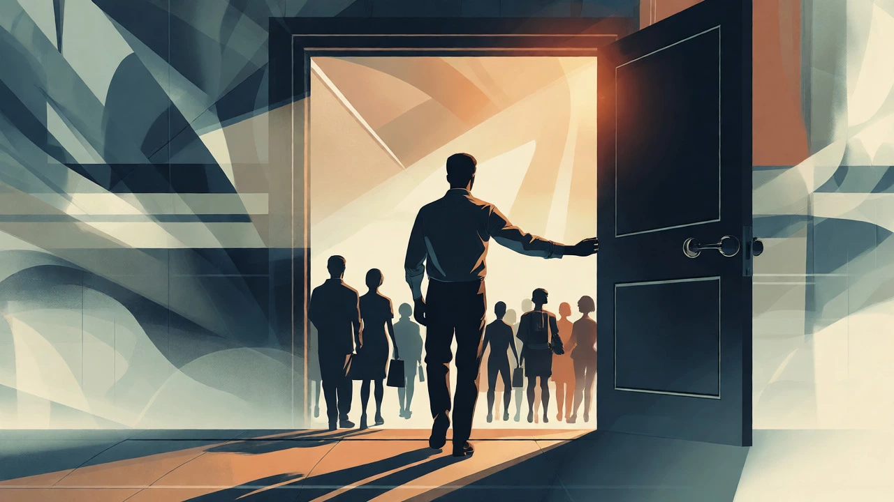Silhouette of a man holding a door open for others in a conceptual art style.