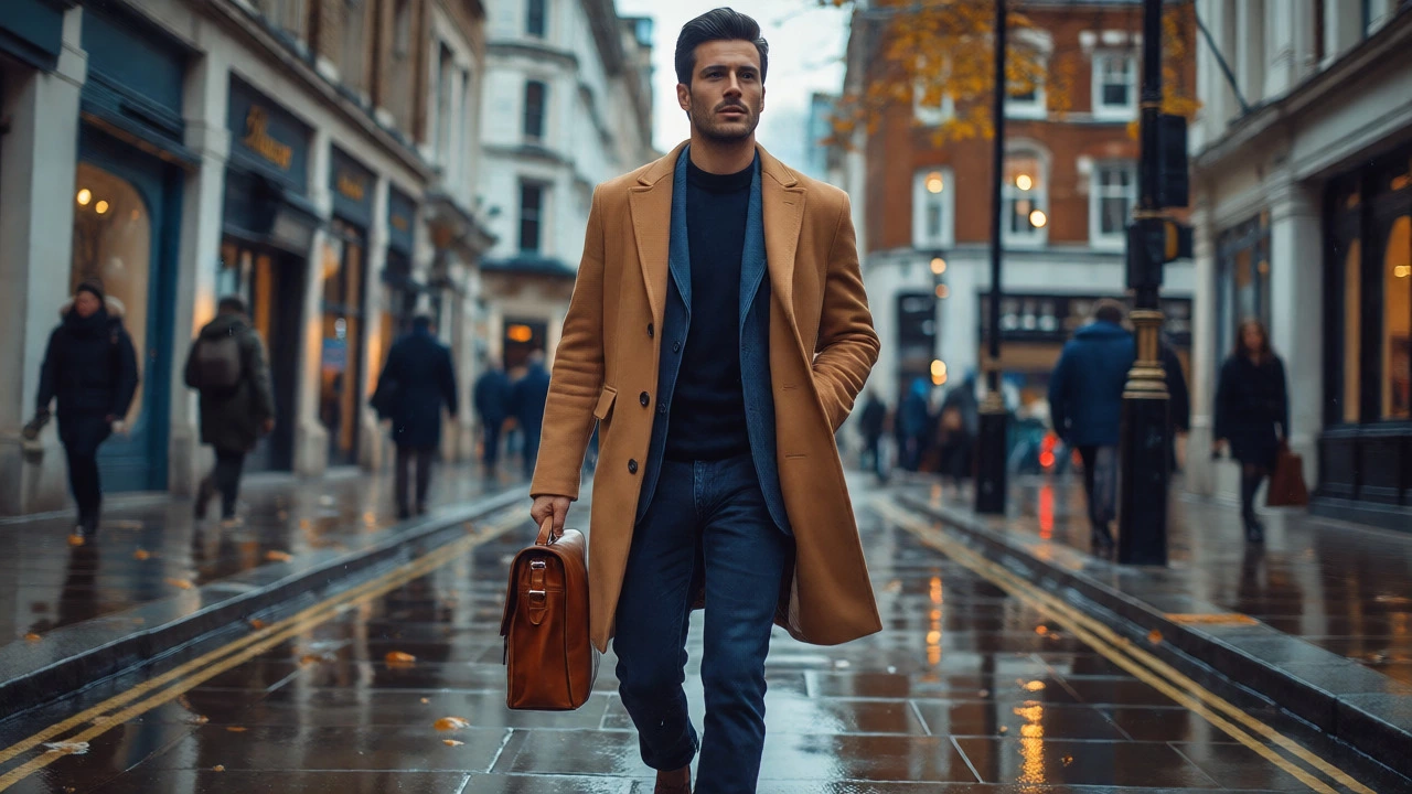 Stylish man in camel coat walking through rainy London streets