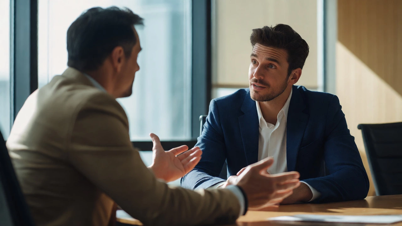 Two professionals engaging in constructive feedback dialogue.